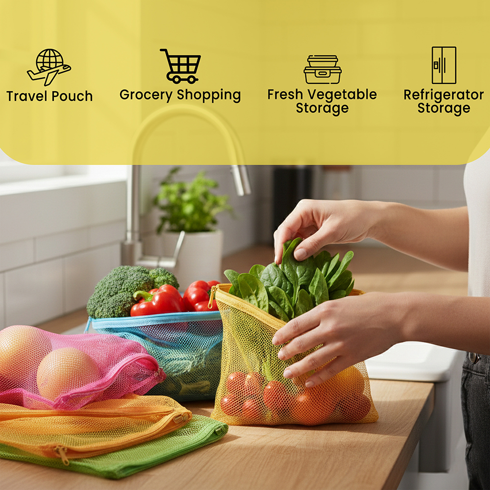 WRAPZY Pack of 8 Reusable Nylon Net Vegetable Bags for Fridge | Washable Mesh Storage Bags for Fruits & Vegetables | Breathable Fridge Organizer Bags for Kitchen & Grocery Use