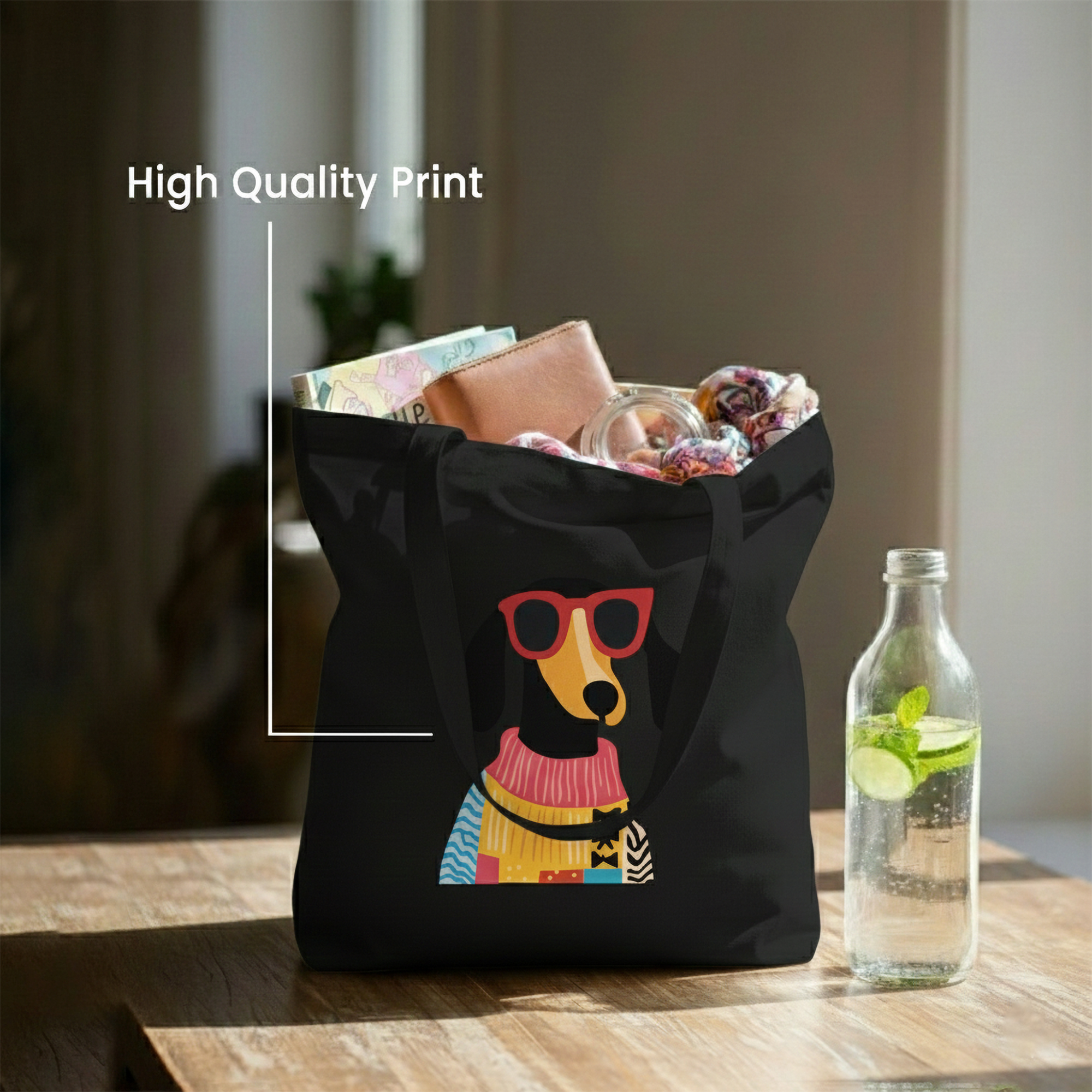 WRAPZY Black Canvas Tote Bag ? Handbags for Women | Large Printed Cotton Tote Bag for Shopping, College & Office | Reusable Everyday Carry Handbag (16 x 14 Inch) (PRINT2, One Size)