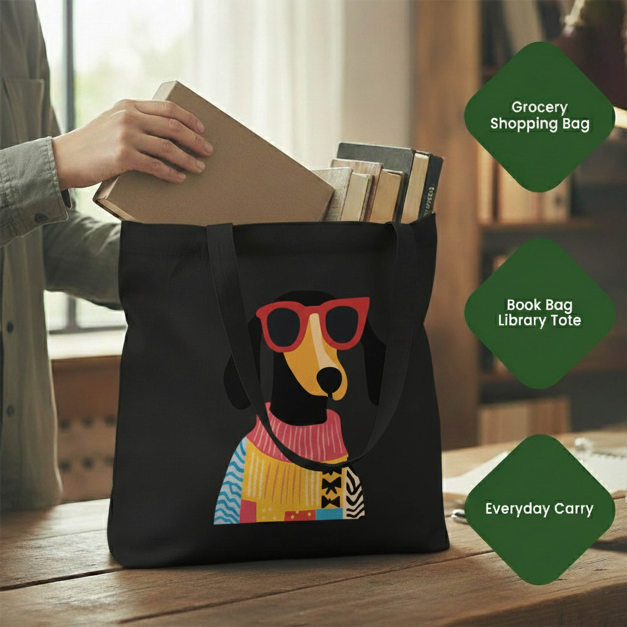 WRAPZY Black Canvas Tote Bag ? Handbags for Women | Large Printed Cotton Tote Bag for Shopping, College & Office | Reusable Everyday Carry Handbag (16 x 14 Inch) (PRINT2, One Size)