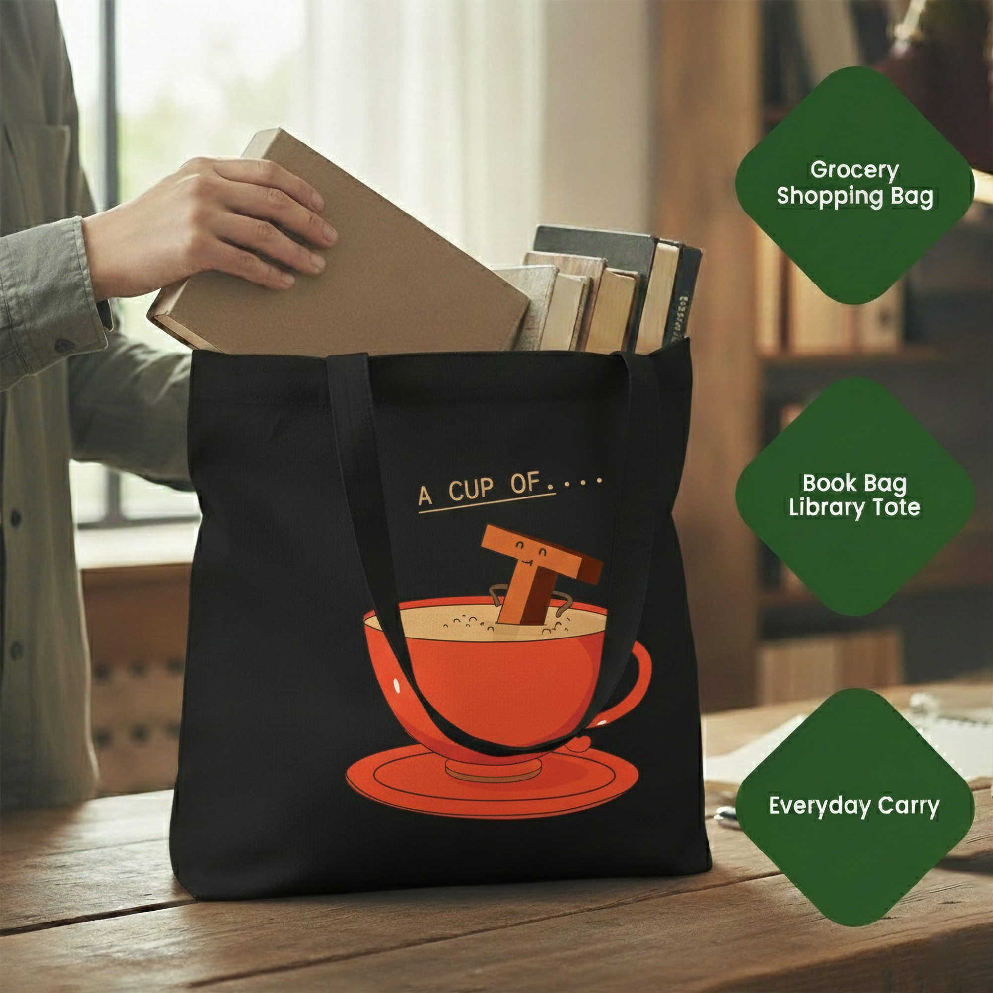 WRAPZY Black Canvas Tote Bag ? Handbags for Women | Large Printed Cotton Tote Bag for Shopping, College & Office | Reusable Everyday Carry Handbag (16 x 14 Inch) (PRINT4, One Size)