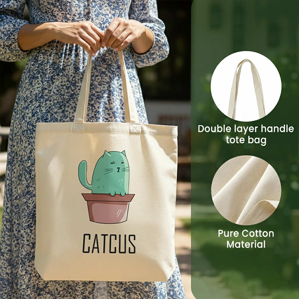 WRAPZY Premium Canvas Tote Bag for Women|Eco-Friendly, Reusable Tote Bag|Handbag for Women| Durable Shoulder Bag for Grocery, Travel, Work, School & Everyday Use | 16x14? (CATCUS, One Size)