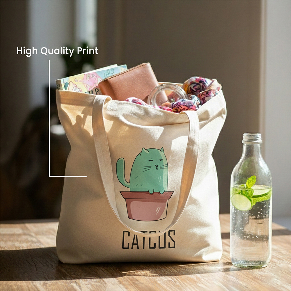 WRAPZY Premium Canvas Tote Bag for Women|Eco-Friendly, Reusable Tote Bag|Handbag for Women| Durable Shoulder Bag for Grocery, Travel, Work, School & Everyday Use | 16x14? (CATCUS, One Size)