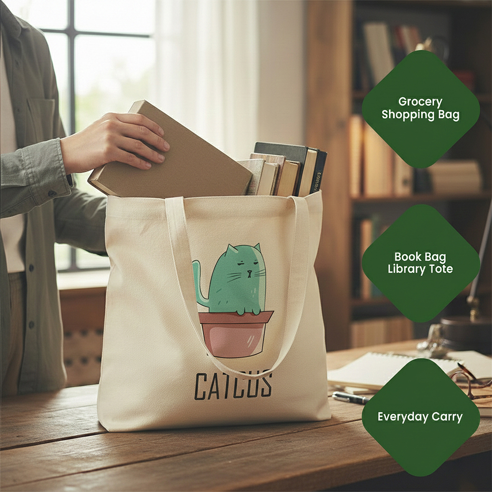 WRAPZY Premium Canvas Tote Bag for Women|Eco-Friendly, Reusable Tote Bag|Handbag for Women| Durable Shoulder Bag for Grocery, Travel, Work, School & Everyday Use | 16x14? (CATCUS, One Size)