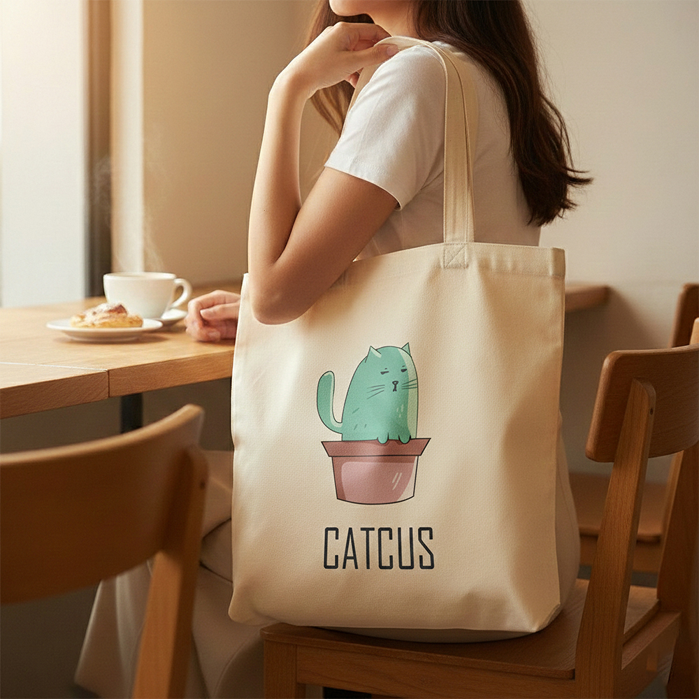 WRAPZY Premium Canvas Tote Bag for Women|Eco-Friendly, Reusable Tote Bag|Handbag for Women| Durable Shoulder Bag for Grocery, Travel, Work, School & Everyday Use | 16x14? (CATCUS, One Size)