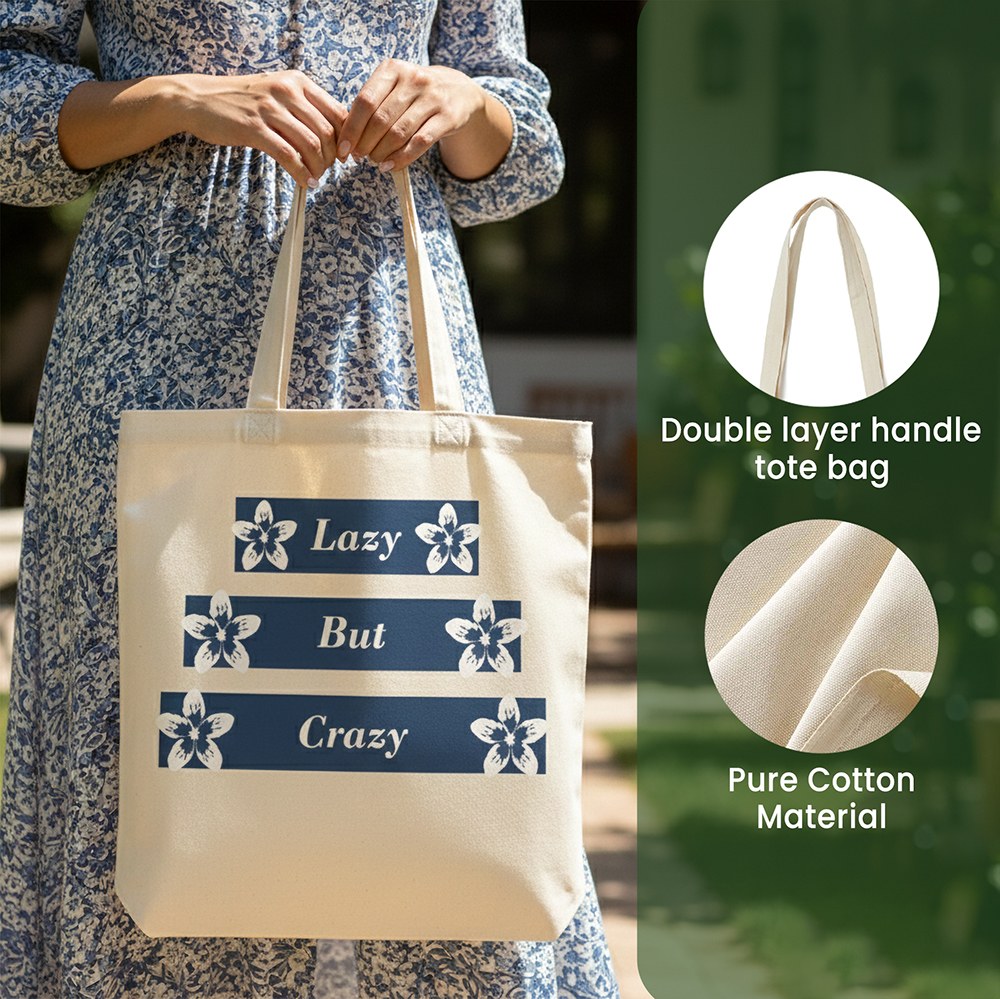 WRAPZY Premium Canvas Tote Bag for Women|Eco-Friendly, Reusable Tote Bag|Handbag for Women| Durable Shoulder Bag for Grocery, Travel, Work, School & Everyday Use | 16x14? (Lazy But Crazy, One