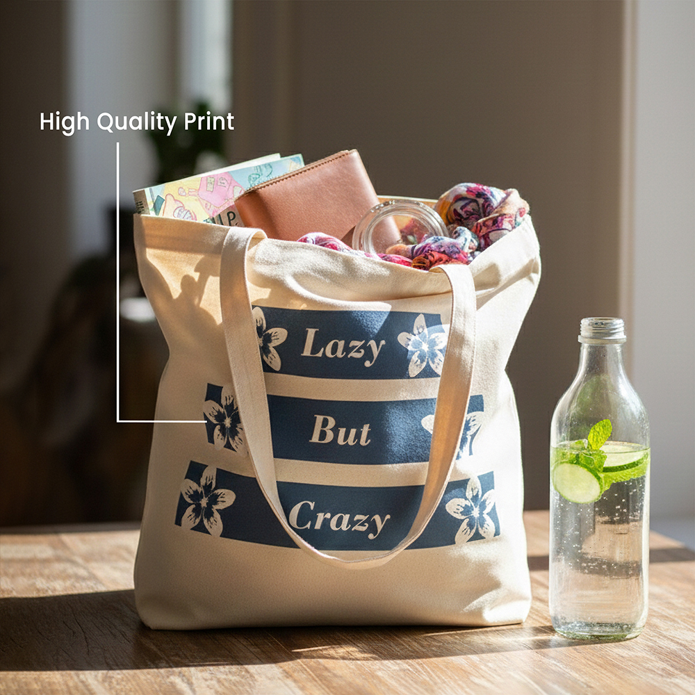 WRAPZY Premium Canvas Tote Bag for Women|Eco-Friendly, Reusable Tote Bag|Handbag for Women| Durable Shoulder Bag for Grocery, Travel, Work, School & Everyday Use | 16x14? (Lazy But Crazy, One