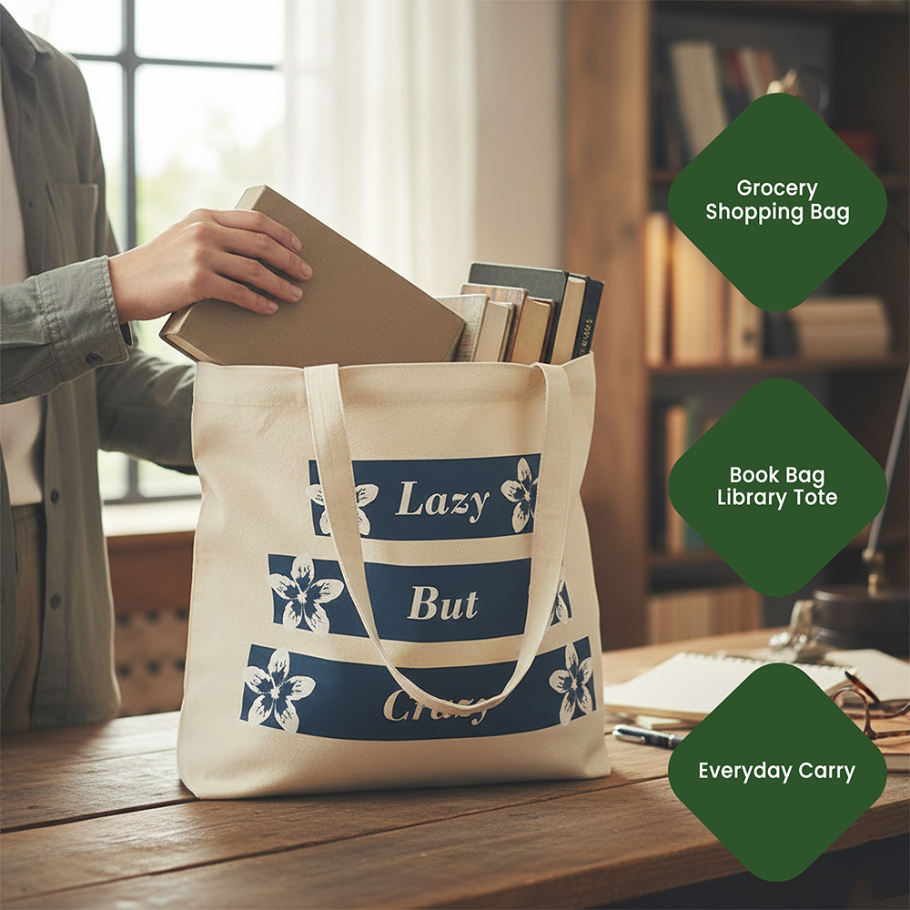WRAPZY Premium Canvas Tote Bag for Women|Eco-Friendly, Reusable Tote Bag|Handbag for Women| Durable Shoulder Bag for Grocery, Travel, Work, School & Everyday Use | 16x14? (Lazy But Crazy, One