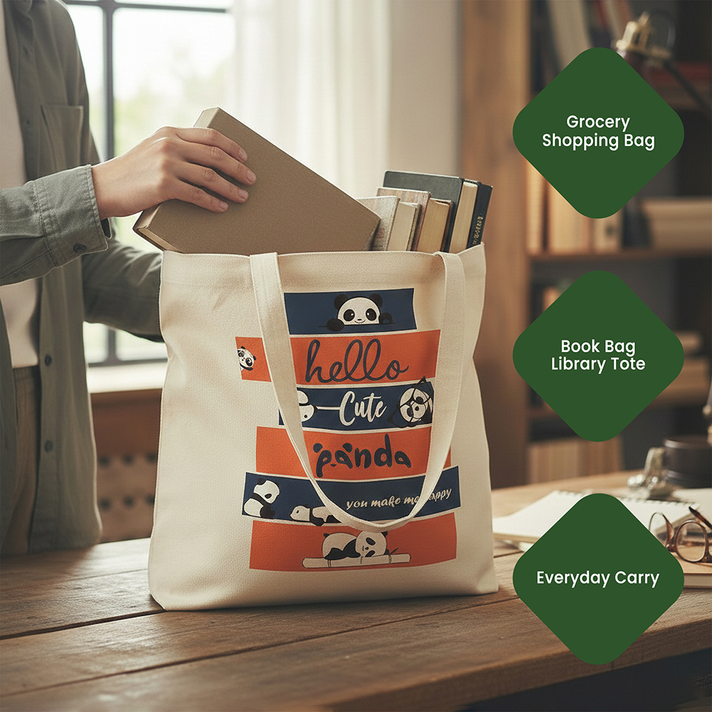 WRAPZY Premium Canvas Tote Bag for Women|Eco-Friendly, Reusable Tote Bag|Handbag for Women| Durable Shoulder Bag for Grocery, Travel, Work, School & Everyday Use | 16x14? (PANDA, One Size)
