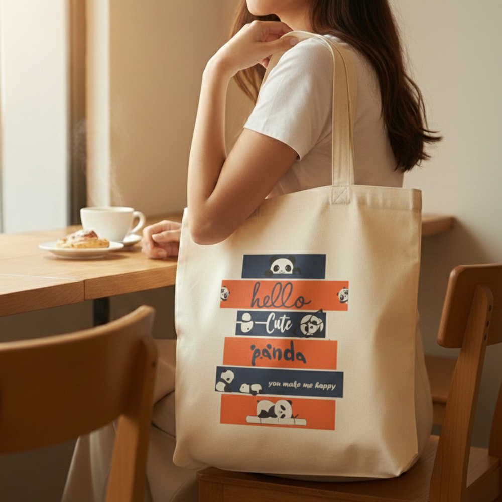 WRAPZY Premium Canvas Tote Bag for Women|Eco-Friendly, Reusable Tote Bag|Handbag for Women| Durable Shoulder Bag for Grocery, Travel, Work, School & Everyday Use | 16x14? (PANDA, One Size)