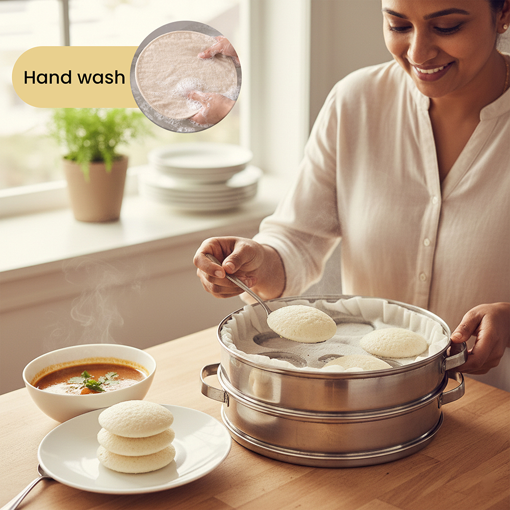 Wrapzy Muslin Idli Cloth ? Unbleached Pure Cotton Idli Steamer Cloth | Reusable Idli Stand Cover | Non-Stick Idli Maker Plate Liner for Soft Idlis, Modak & Momos - 40 cm (Pack of 6, Round)