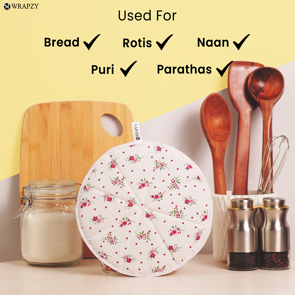 WRAPZY Cotton Roti Cover with Zip | Round Roti Cloth for Keeping Rotis Soft & Fresh | Used for Roti, Paratha, Puri, Naan & Bread | Washable & Reusable | 3 Colour Variants (PINK, PACK OF:6)