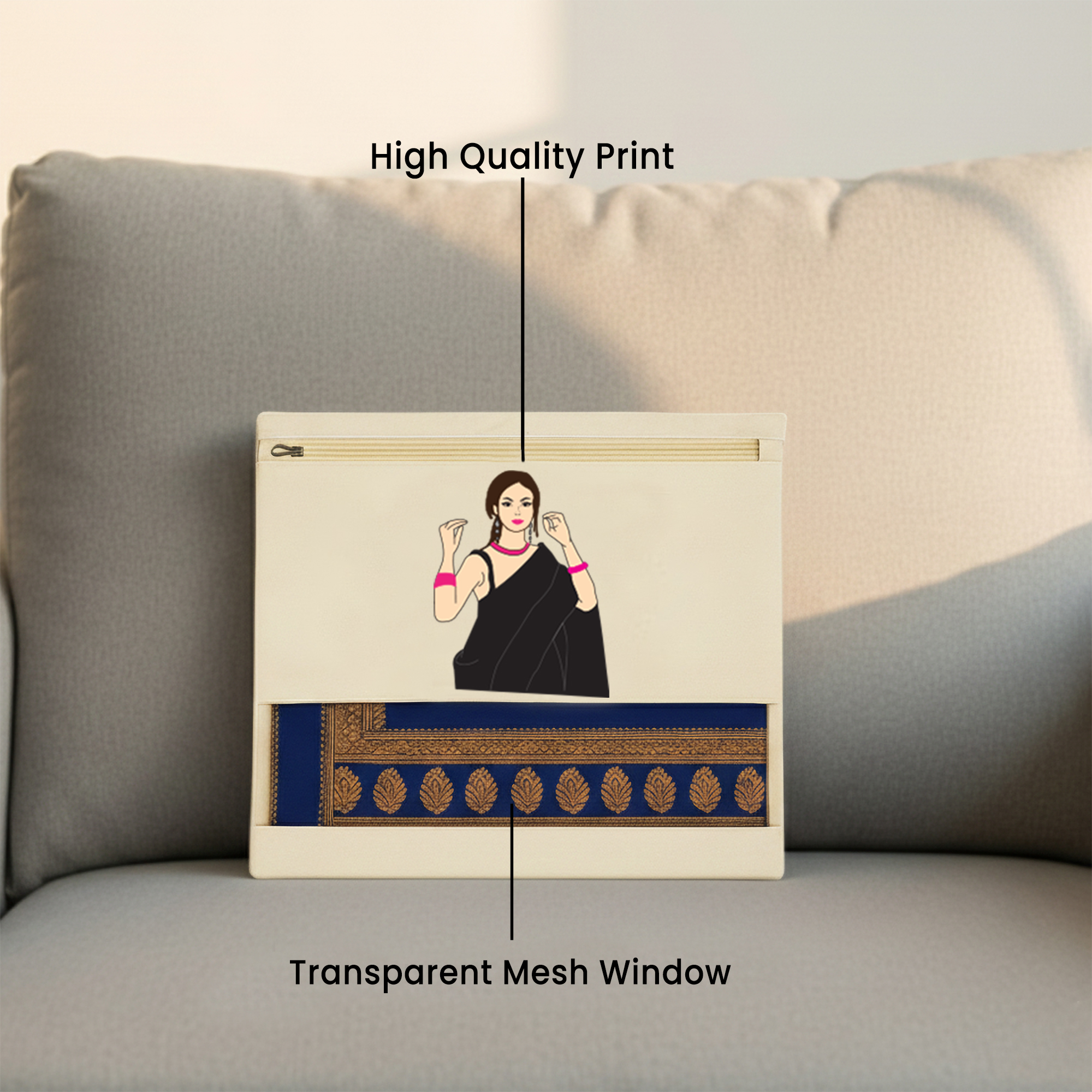 Wrapzy Pure Cotton Printed Saree Cover for Storage | Pack of 4 | Large 16 x 14 Inch Saree Bags with Zip & Transparent Mesh Window | Reusable Wardrobe Organizer for Sarees & Clothes (PRINT1, O