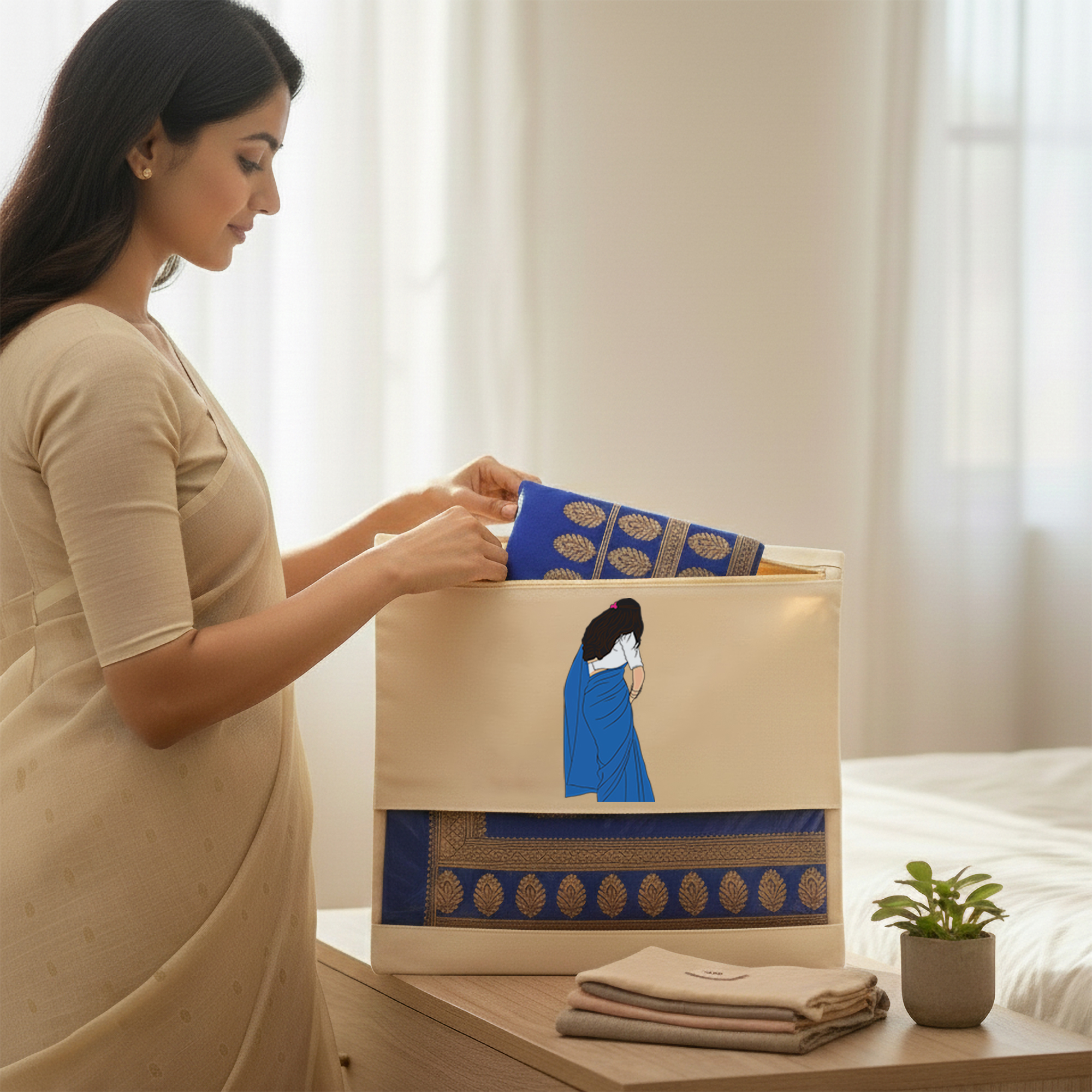 Wrapzy Pure Cotton Printed Saree Cover for Storage | Pack of 4 | Large 16 x 14 Inch Saree Bags with Zip & Transparent Mesh Window | Reusable Wardrobe Organizer for Sarees & Clothes (PRINT1, O