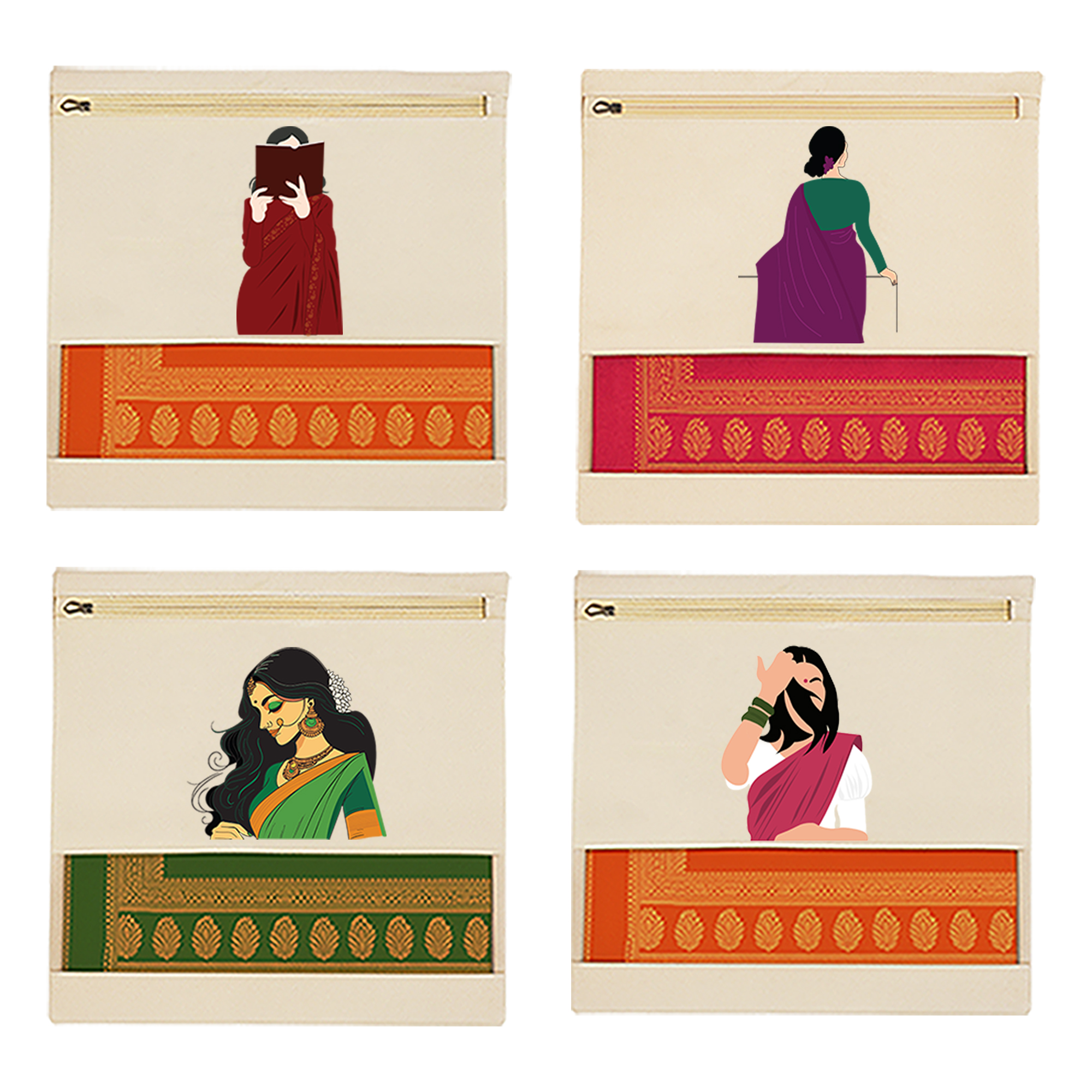 Wrapzy Pure Cotton Printed Saree Cover for Storage | Pack of 4 | Large 16 x 14 Inch Saree Bags with Zip & Transparent Mesh Window | Reusable Wardrobe Organizer for Sarees & Clothes (PRINT2, O