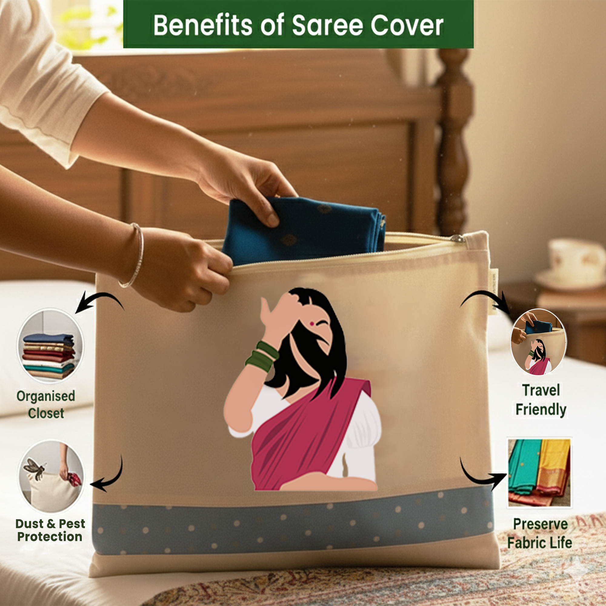 Wrapzy Pure Cotton Printed Saree Cover for Storage | Pack of 4 | Large 16 x 14 Inch Saree Bags with Zip & Transparent Mesh Window | Reusable Wardrobe Organizer for Sarees & Clothes (PRINT2, O