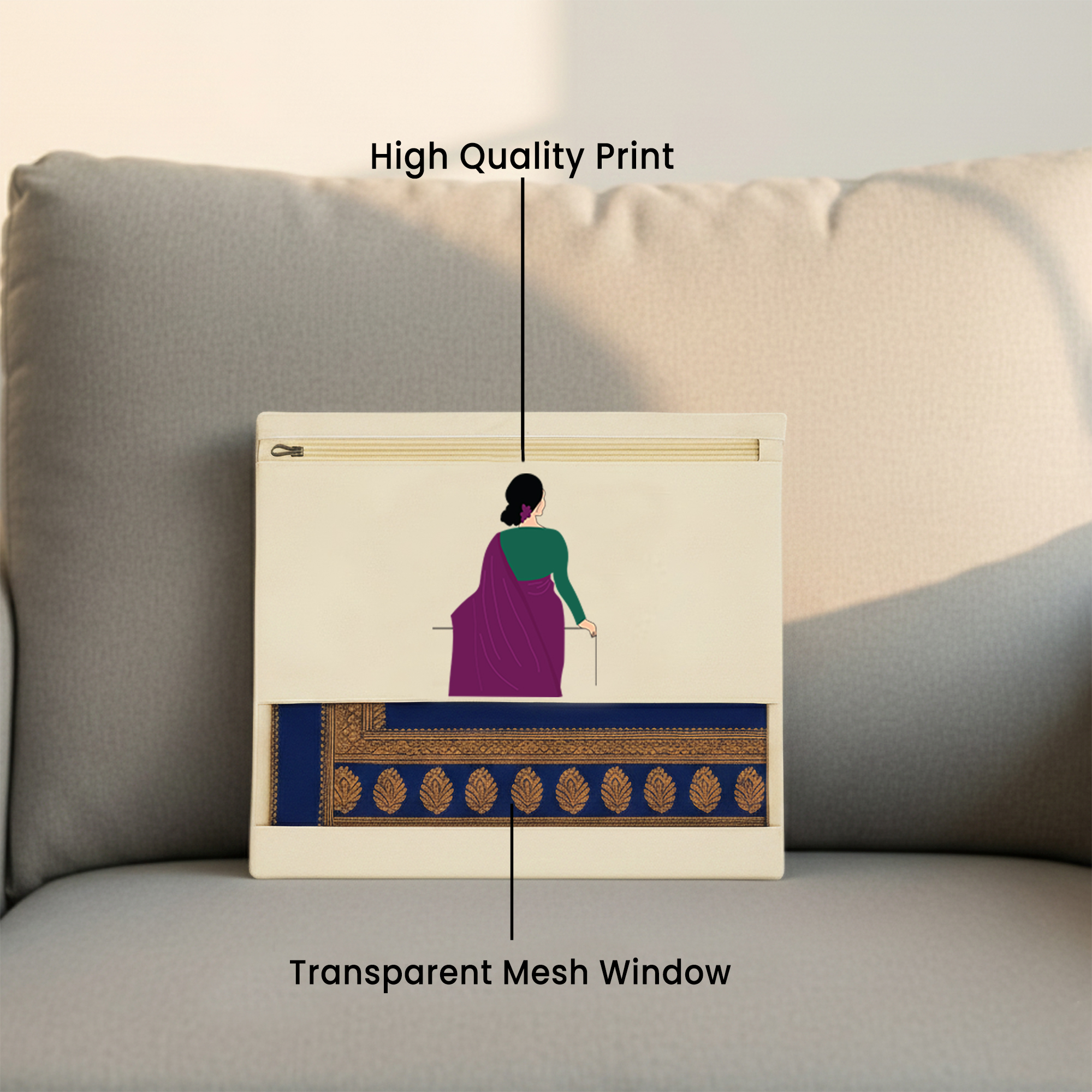 Wrapzy Pure Cotton Printed Saree Cover for Storage | Pack of 4 | Large 16 x 14 Inch Saree Bags with Zip & Transparent Mesh Window | Reusable Wardrobe Organizer for Sarees & Clothes (PRINT2, O