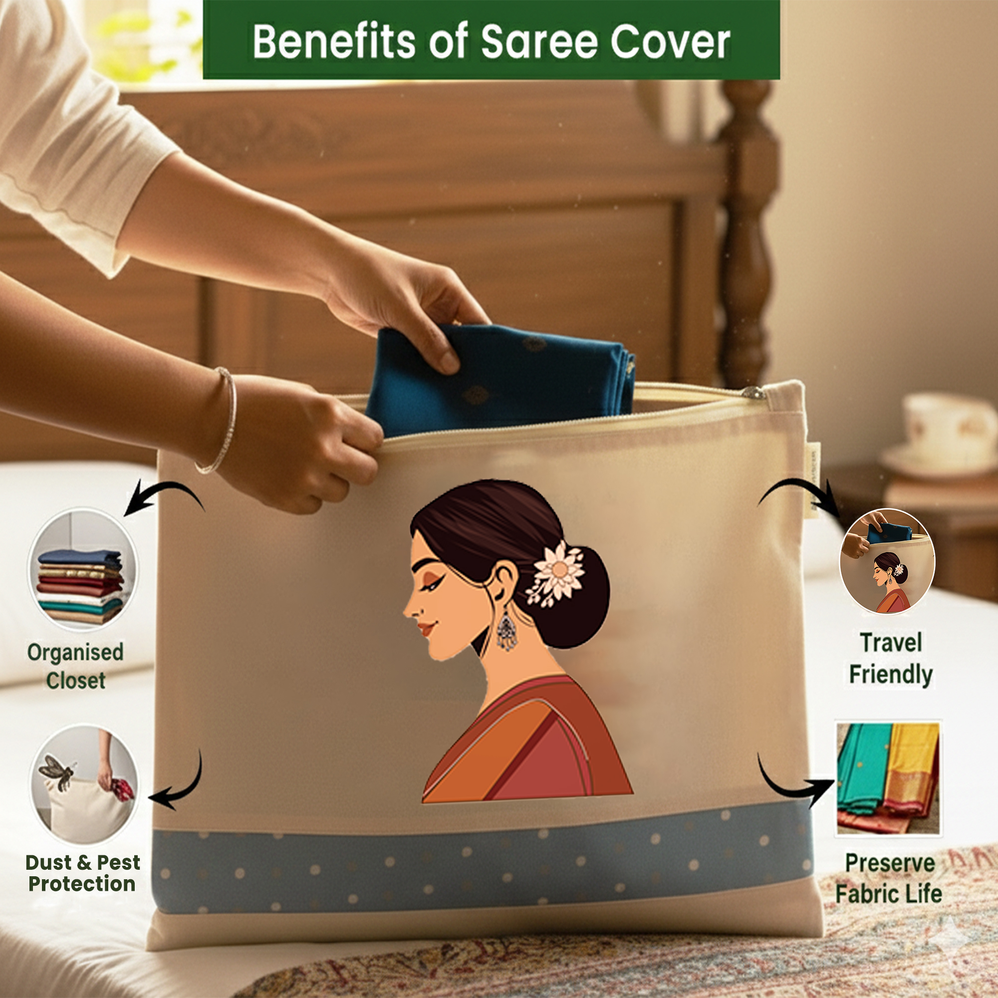 Wrapzy Pure Cotton Printed Saree Cover for Storage | Pack of 4 | Large 16 x 14 Inch Saree Bags with Zip & Transparent Mesh Window | Reusable Wardrobe Organizer for Sarees & Clothes (PRINT3, O