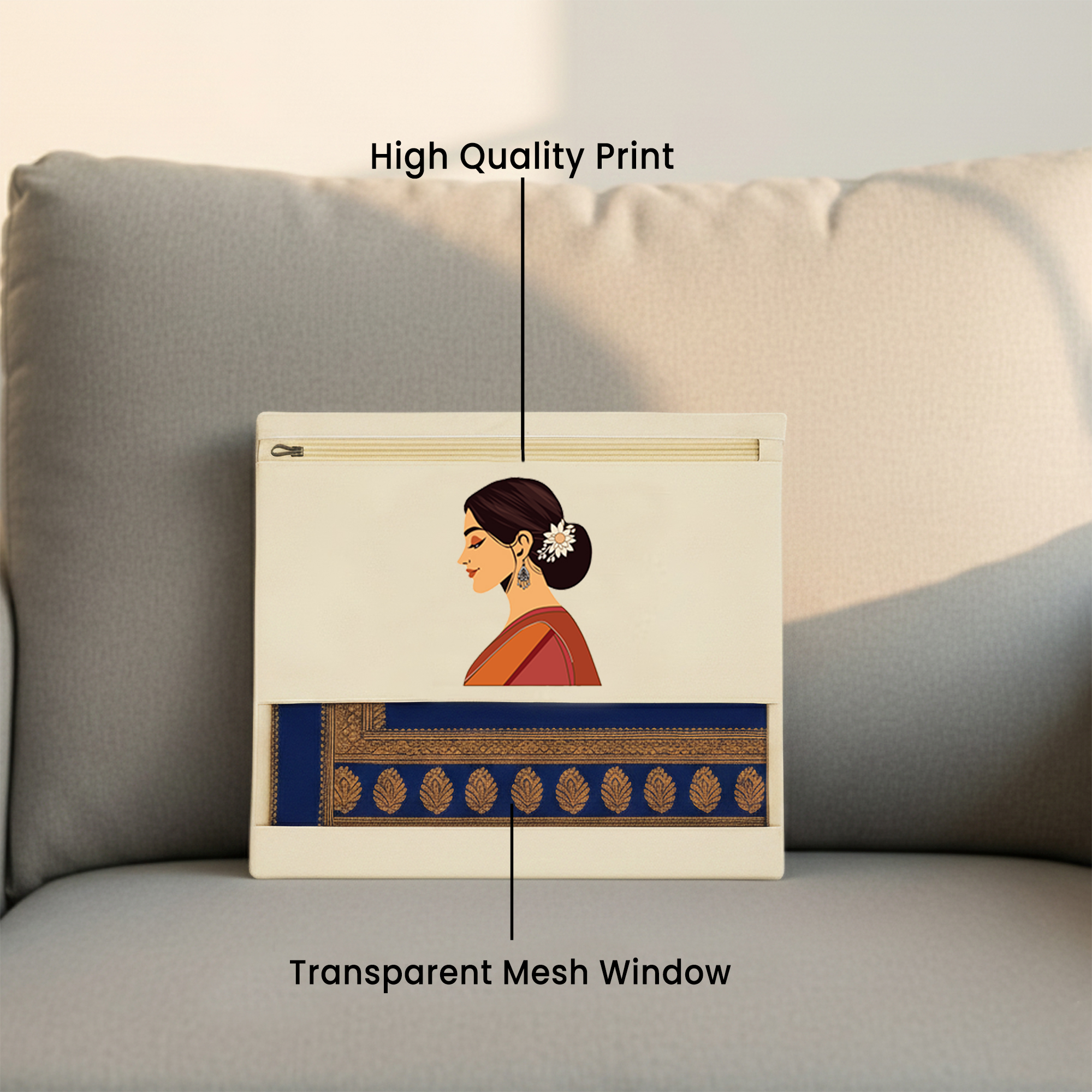 Wrapzy Pure Cotton Printed Saree Cover for Storage | Pack of 4 | Large 16 x 14 Inch Saree Bags with Zip & Transparent Mesh Window | Reusable Wardrobe Organizer for Sarees & Clothes (PRINT3, O