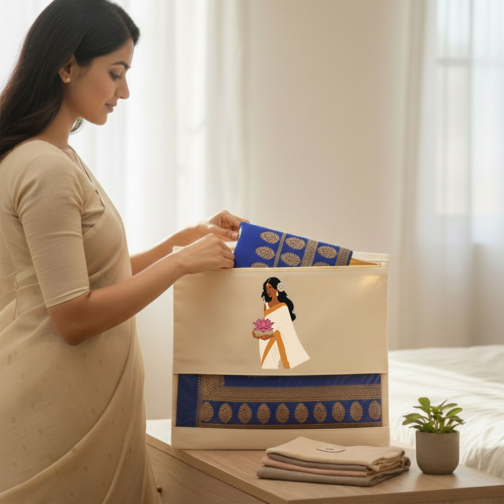 Wrapzy Pure Cotton Printed Saree Cover for Storage | Pack of 4 | Large 16 x 14 Inch Saree Bags with Zip & Transparent Mesh Window | Reusable Wardrobe Organizer for Sarees & Clothes (PRINT3, O