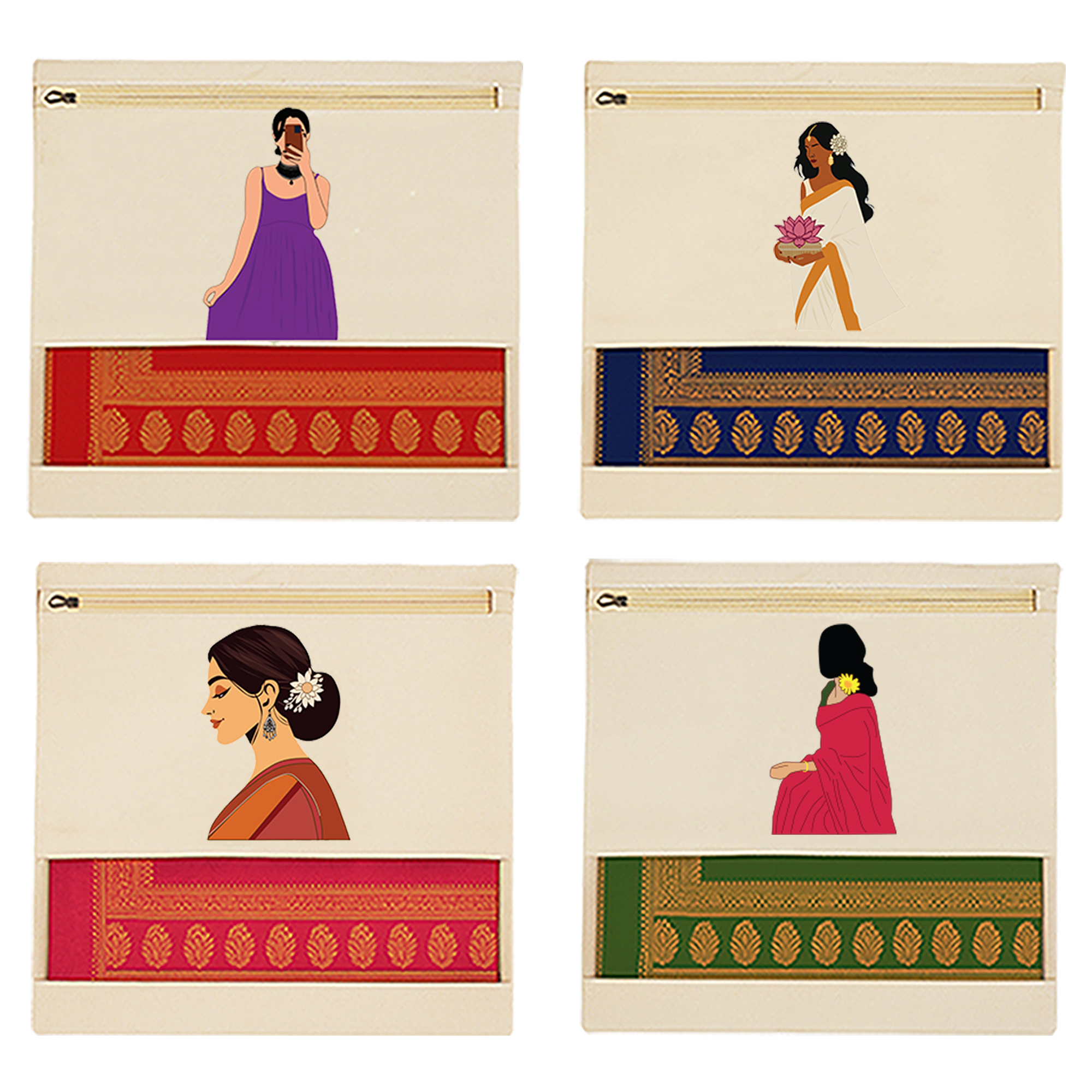 Wrapzy Pure Cotton Printed Saree Cover for Storage | Pack of 4 | Large 16 x 14 Inch Saree Bags with Zip & Transparent Mesh Window | Reusable Wardrobe Organizer for Sarees & Clothes (PRINT3, O