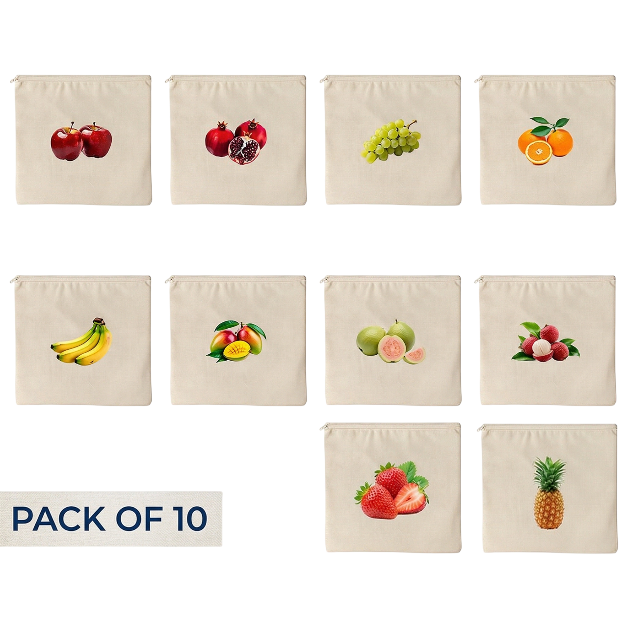 Wrapzy 100% Cotton Reusable Fruit Bags for Fridge | Eco-Friendly Storage Bags | Washable Breathable Cloth Bags for Fruits | Plastic-Free Kitchen Organizer | 12x12 Inches | Pack of 10