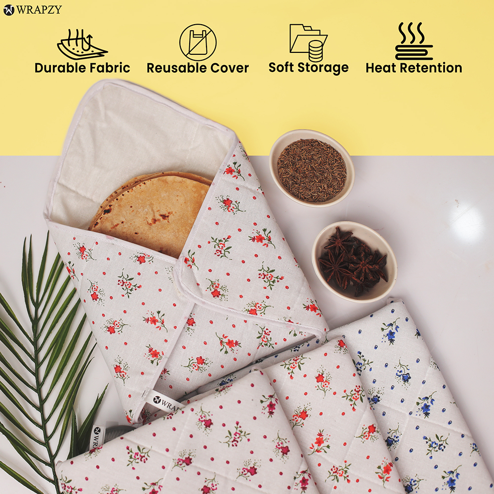 WRAPZY Roti Rumal Cotton Chapati Cover Set of 8 | 100% Cotton Roti Rumaal | Reusable Flatbread Food Cover for Roti, Chapati & Paratha