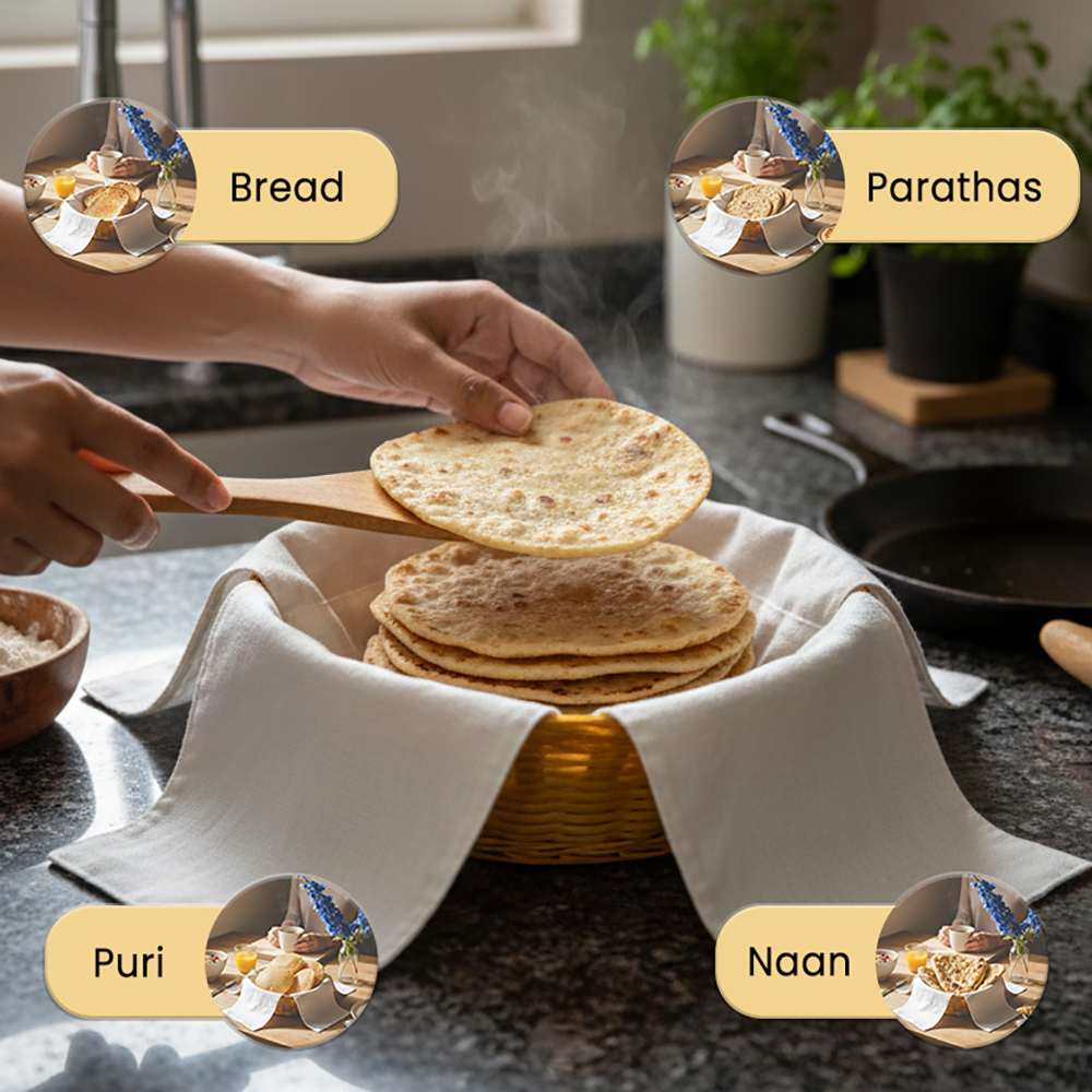 WRAPZY Double Layer Roti Cover | 100% Cotton 4-Flap Chapati Cloth (White) | Reusable, Washable Roti Rumal for Tiffin & Hot Case (Pack of:4)