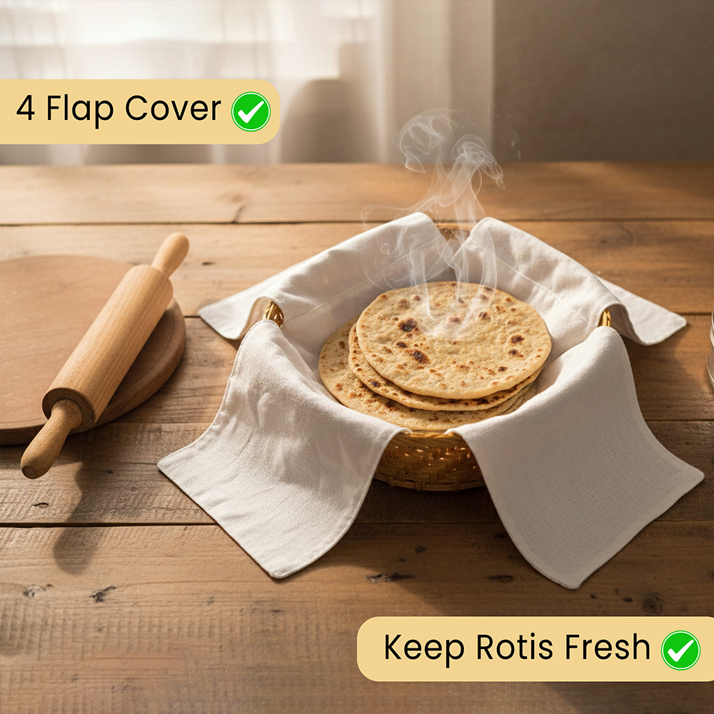 WRAPZY Double Layer Roti Cover | 100% Cotton 4-Flap Chapati Cloth (White) | Reusable, Washable Roti Rumal for Tiffin & Hot Case (Pack of:4)