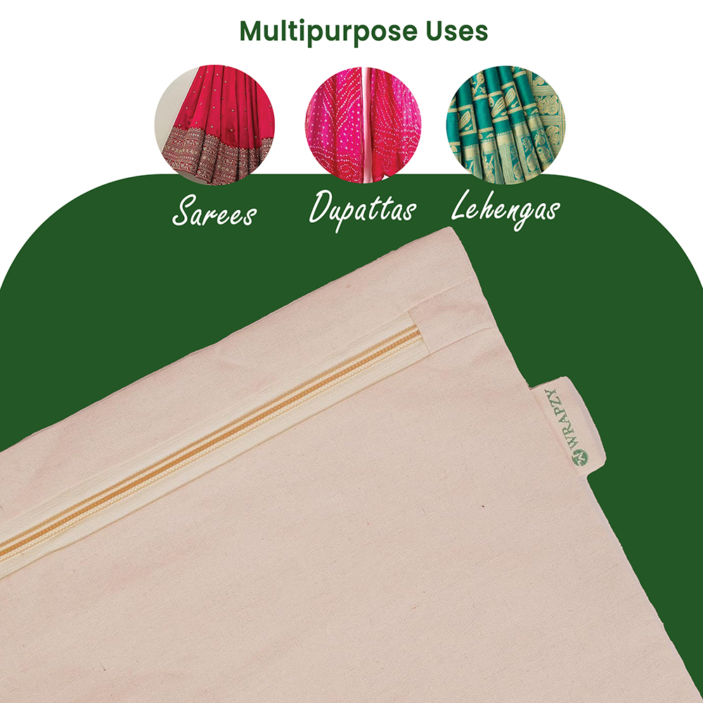 Wrapzy 100% Cotton Saree Cover with Zip| 16"?14"| Premium Zipper Saree Organizer with Transparent Net Window | Dust-Proof, Moisture-Resistant, Eco-Friendly Wardrobe Storage (PACK OF:12)