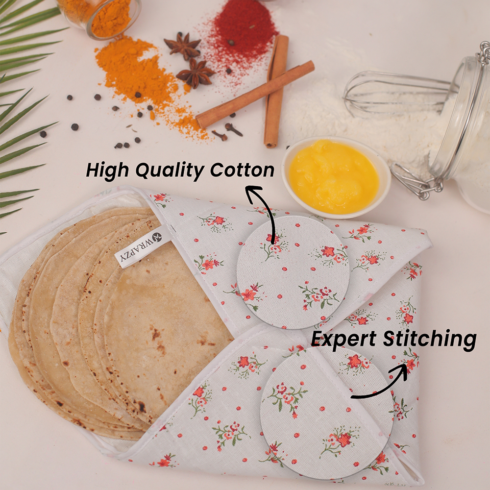 WRAPZY 100% Pure Cotton Roti Cover | Chapati Cloth for Roti, Paratha, Puri, Naan & Tortilla | Eco-Friendly Reusable Food-Safe Kitchen Cloth | Keeps Roti Soft & Fresh Naturally Pack of 6