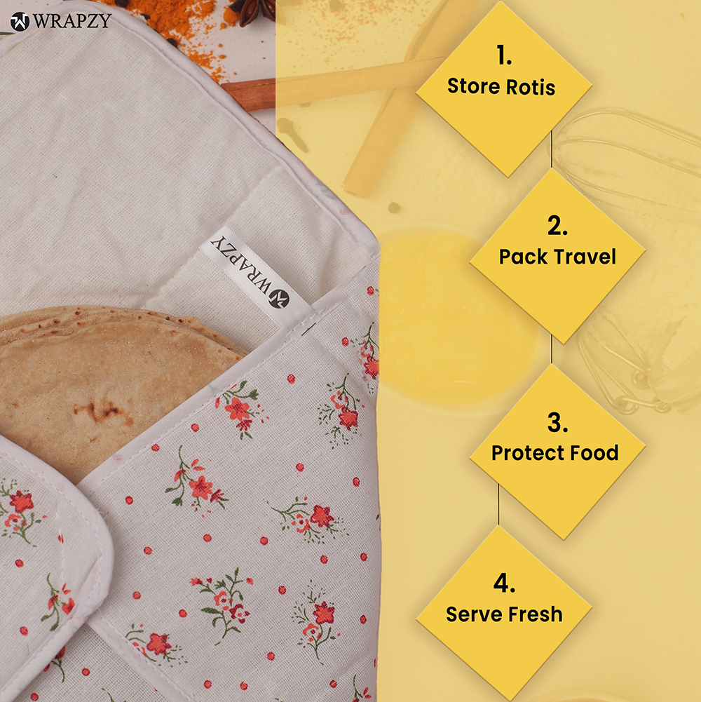 WRAPZY 100% Pure Cotton Roti Cover | Chapati Cloth for Roti, Paratha, Puri, Naan & Tortilla | Eco-Friendly Reusable Food-Safe Kitchen Cloth | Keeps Roti Soft & Fresh Naturally Pack of 6