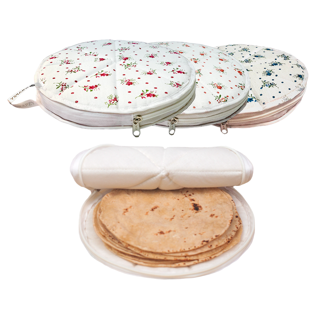 Wrapzy - Floral Print Round Roti Cover with Zip - Roti Cover Set - Roti Cover for Cassrole - Disk Chapati Tortilla Covers - Pack of 4