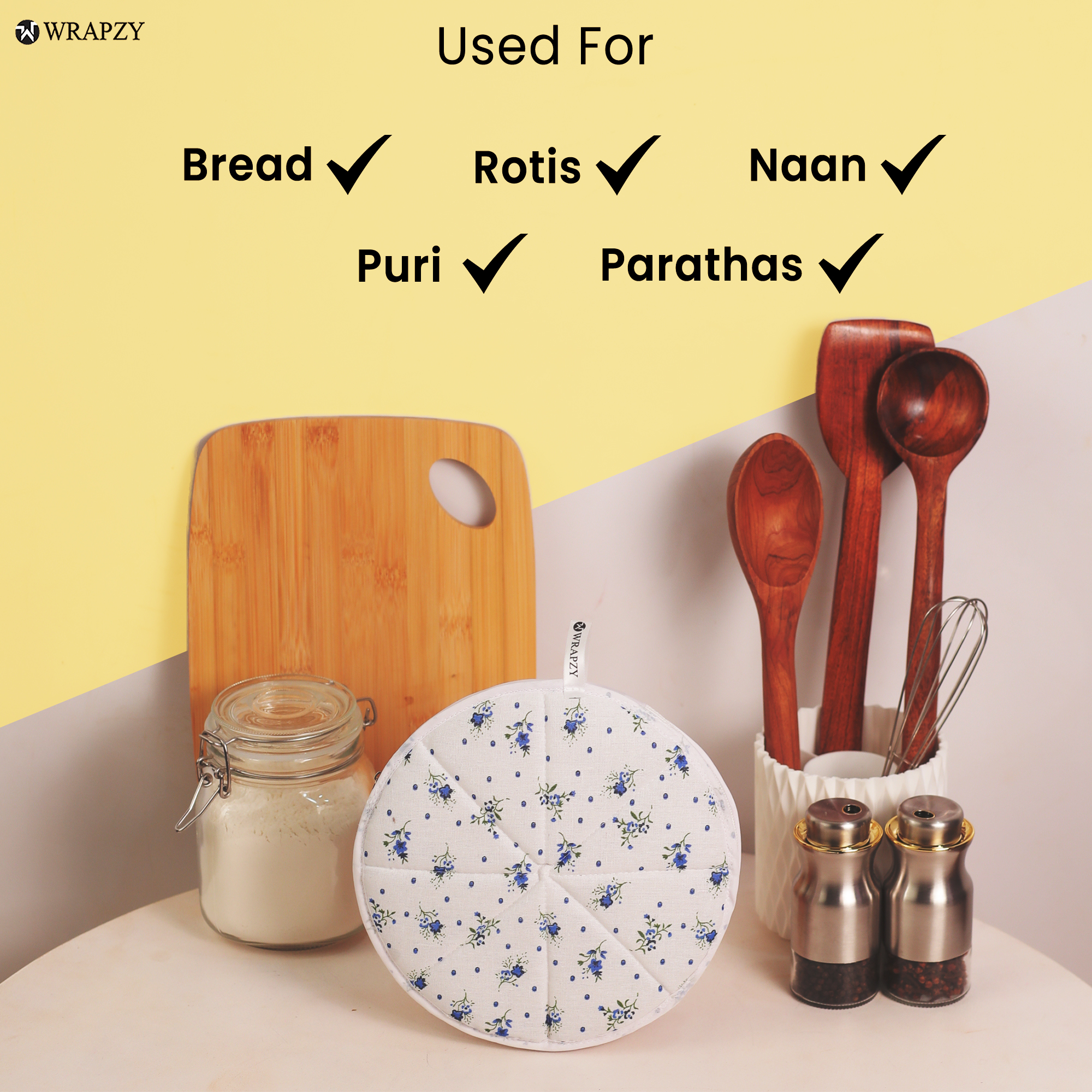 Wrapzy - Floral Print Round Roti Cover with Zip - Roti Cover Set - Roti Cover for Cassrole - Disk Chapati Tortilla Covers - Pack of 4