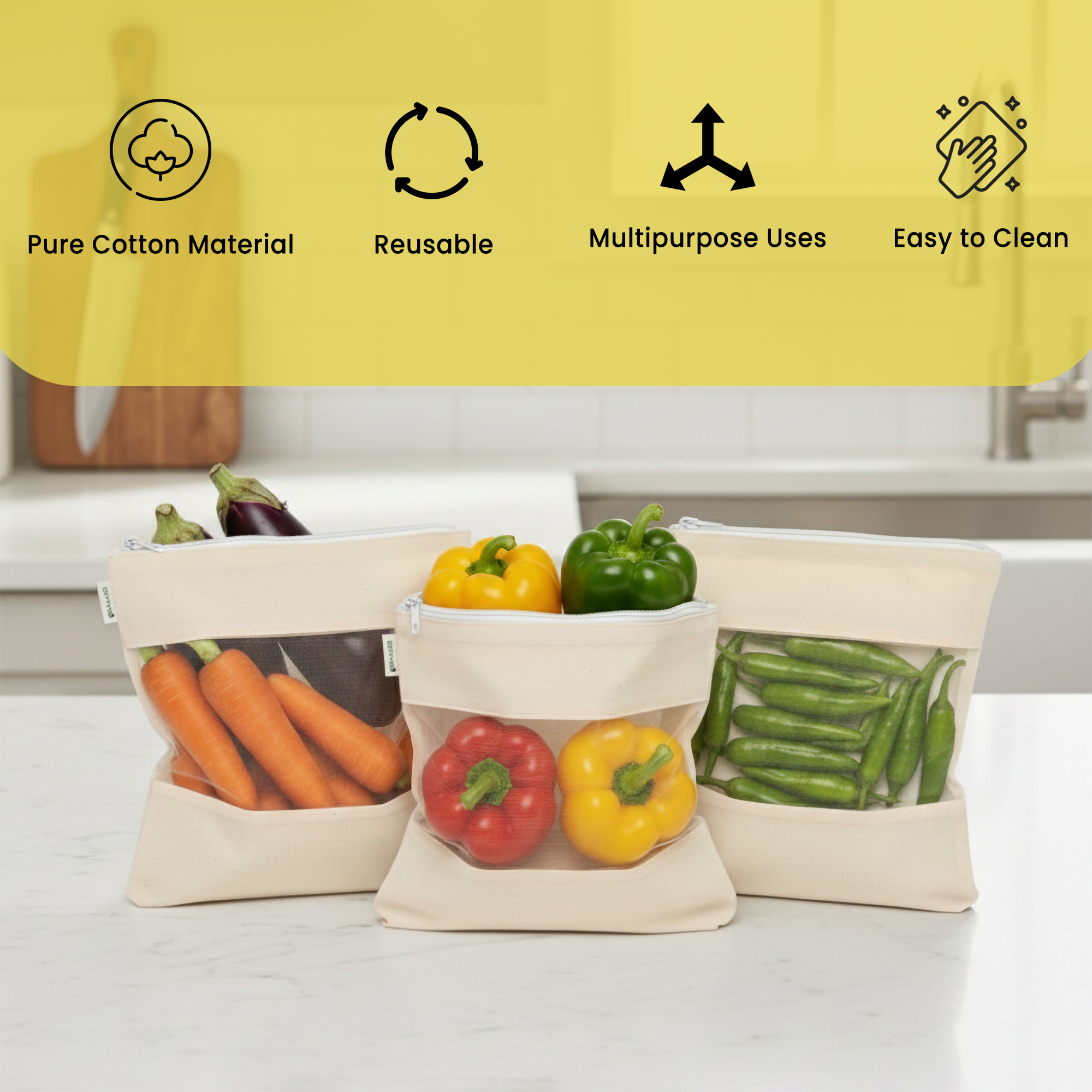 Wrapzy - Cotton Net Bag with Zip - Reusable Fridge Storage Zipper Bags For Fruits And Vegetables - Multipurpose Kitchen Storage Bags Organizer with Sturdy Zipper (Pack of 6)