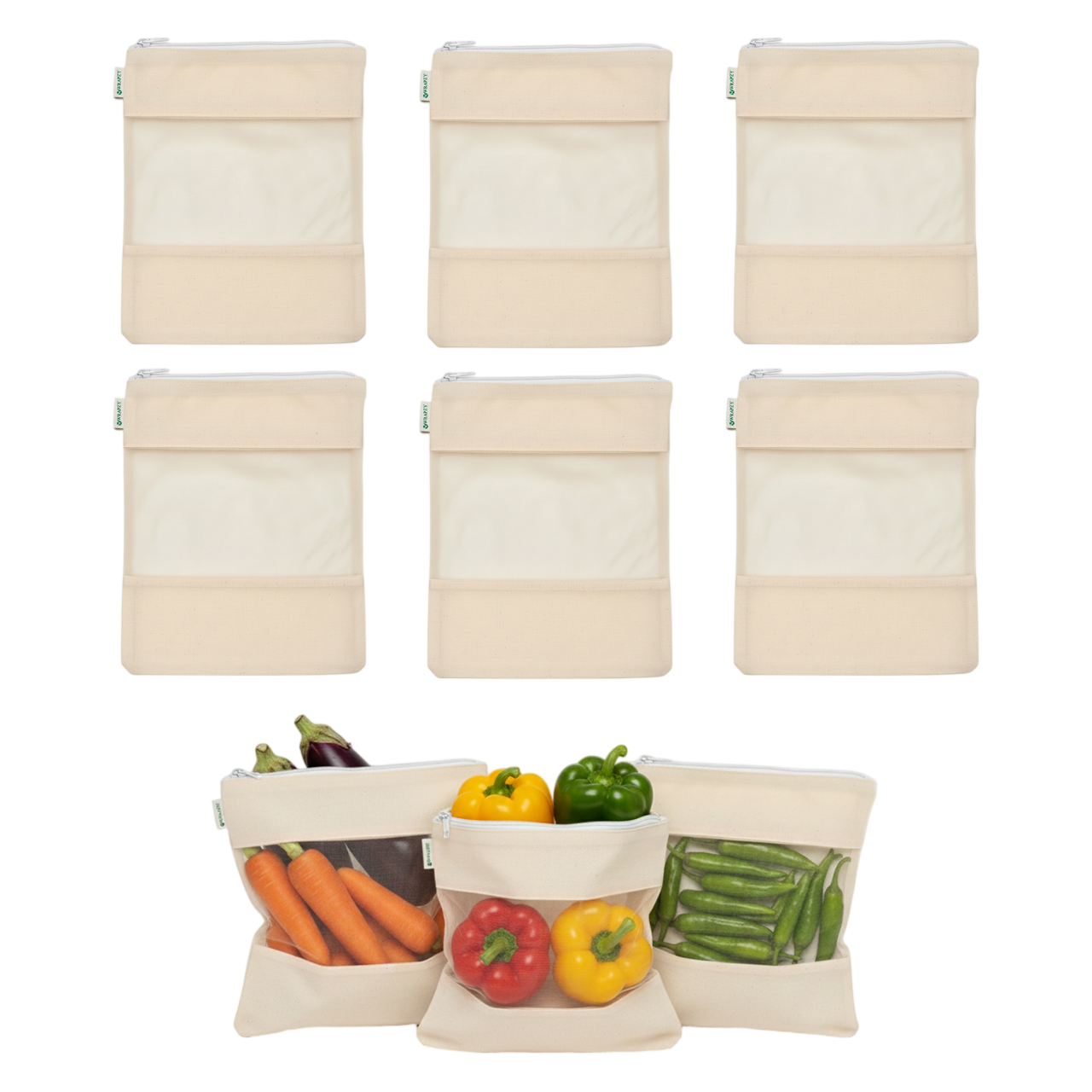 Wrapzy - Cotton Net Bag with Zip - Reusable Fridge Storage Zipper Bags For Fruits And Vegetables - Multipurpose Kitchen Storage Bags Organizer with Sturdy Zipper (Pack of 6)