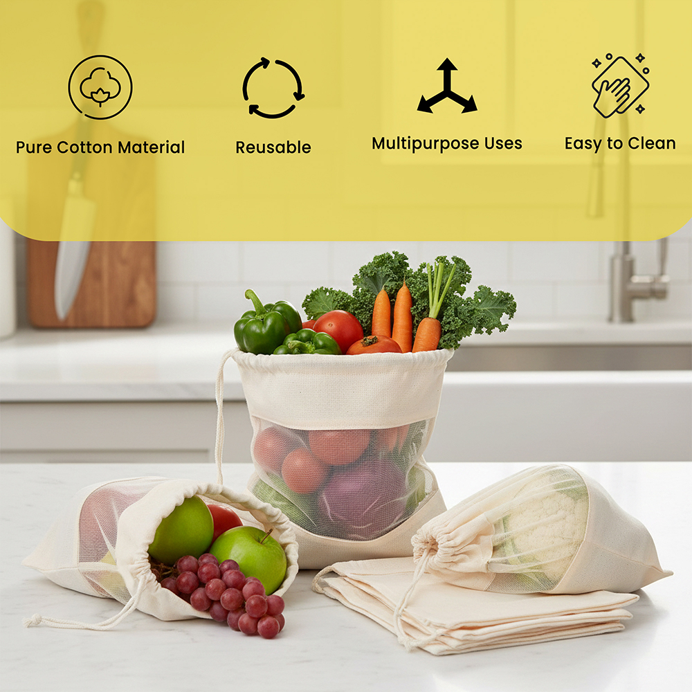 Wrapzy 100% Cotton Reusable Vegetable Bags for Fridge | Eco-Friendly Drawstring Storage Bags | Washable Breathable Cloth Bags for Vegetables | Plastic-Free Kitchen Organizer |Pack of 6