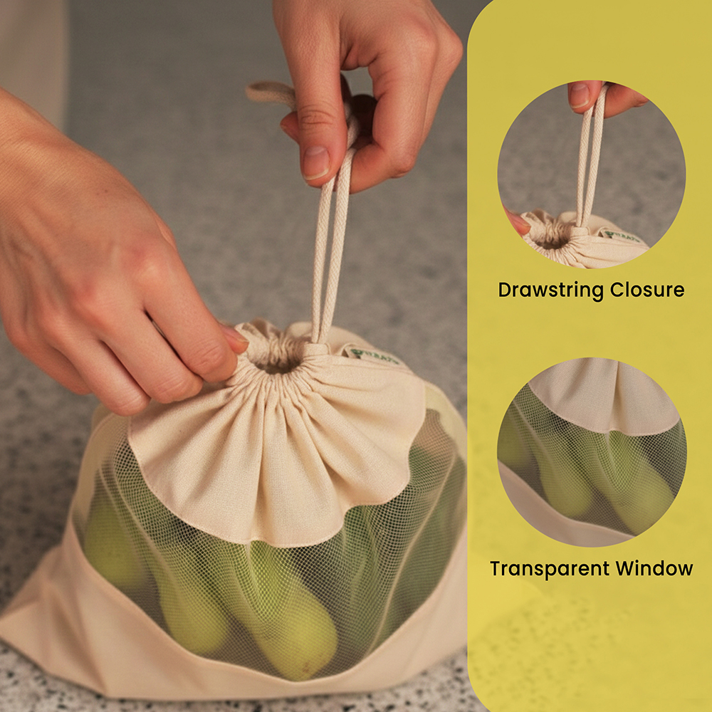Wrapzy 100% Cotton Reusable Vegetable Bags for Fridge | Eco-Friendly Drawstring Storage Bags | Washable Breathable Cloth Bags for Vegetables | Plastic-Free Kitchen Organizer |Pack of 6