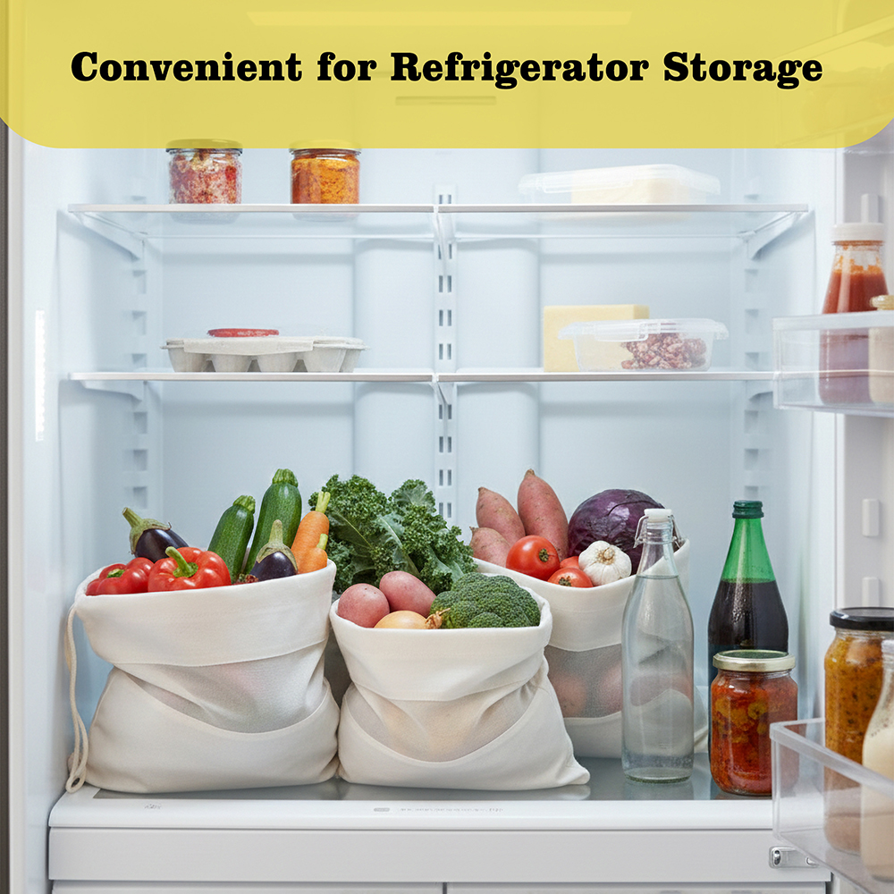 Wrapzy 100% Cotton Reusable Vegetable Bags for Fridge | Eco-Friendly Drawstring Storage Bags | Washable Breathable Cloth Bags for Vegetables | Plastic-Free Kitchen Organizer |Pack of 6