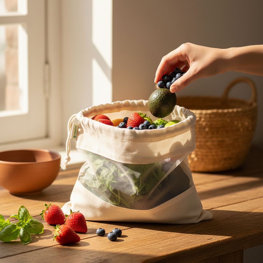 Wrapzy 100% Cotton Reusable Vegetable Bags for Fridge | Eco-Friendly Drawstring Storage Bags | Washable Breathable Cloth Bags for Vegetables | Plastic-Free Kitchen Organizer |Pack of 6