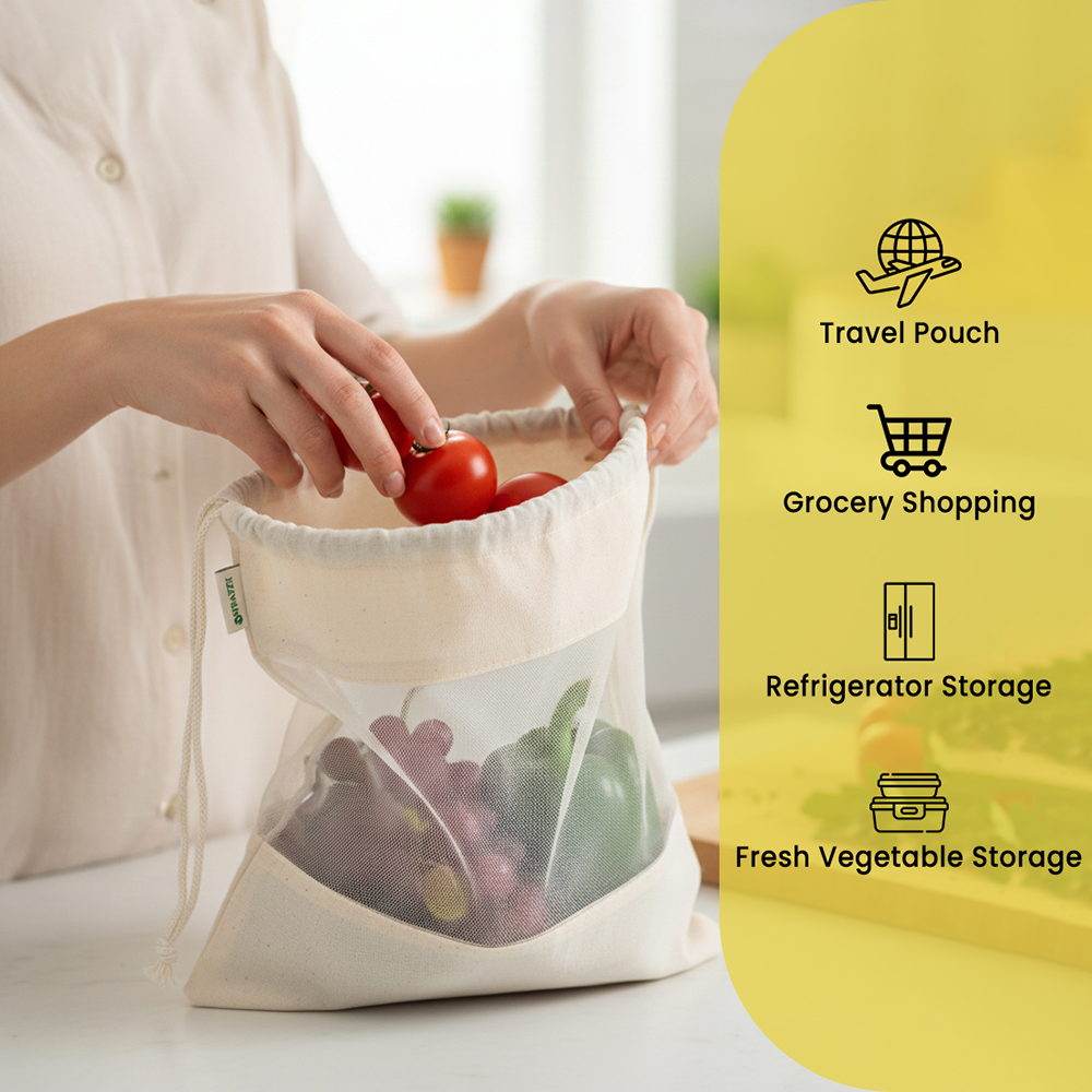 Wrapzy 100% Cotton Reusable Vegetable Bags for Fridge | Eco-Friendly Drawstring Storage Bags | Washable Breathable Cloth Bags for Vegetables | Plastic-Free Kitchen Organizer |Pack of 6