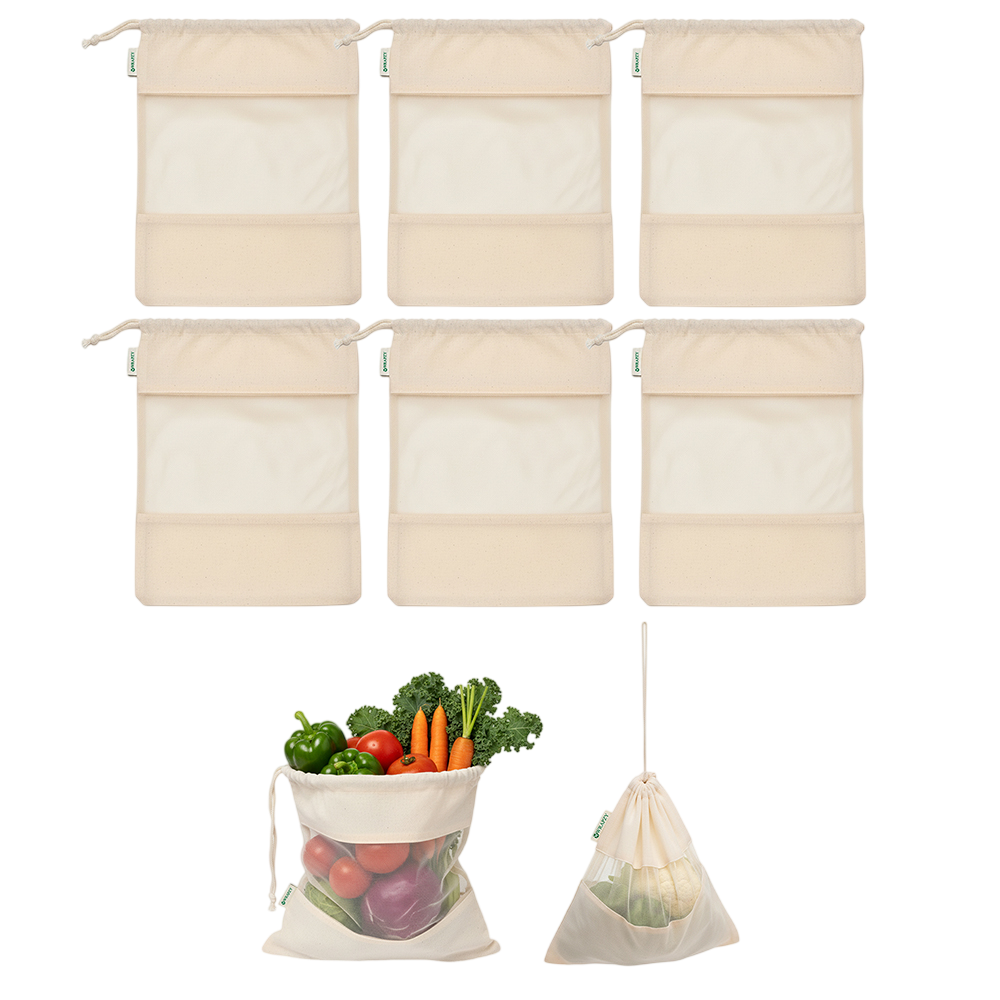 Wrapzy 100% Cotton Reusable Vegetable Bags for Fridge | Eco-Friendly Drawstring Storage Bags | Washable Breathable Cloth Bags for Vegetables | Plastic-Free Kitchen Organizer |Pack of 6