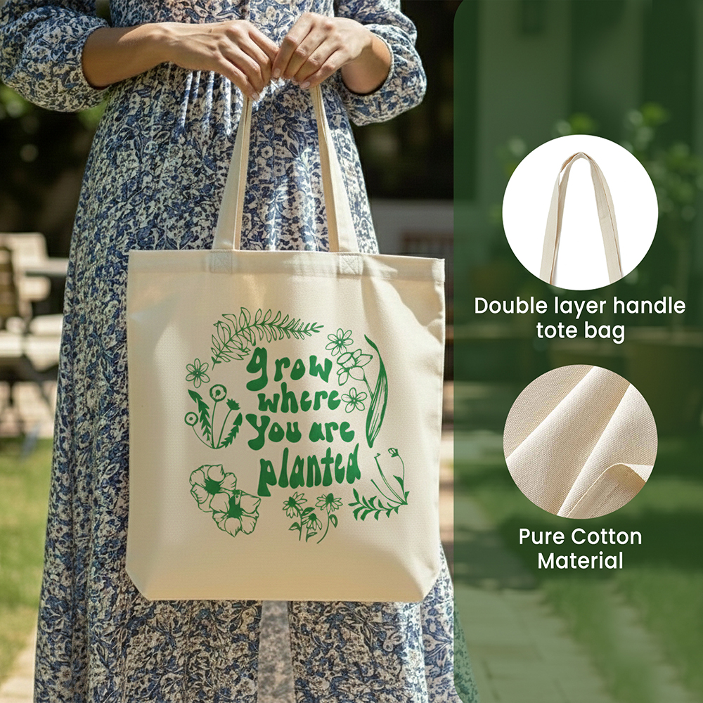 WRAPZY Premium Canvas Tote Bag for Women|Eco-Friendly, Reusable Tote Bag|Handbag for Women| Durable Shoulder Bag for Grocery, Travel, Work, School & Everyday Use | 16x14? (PLANTED, One Size)