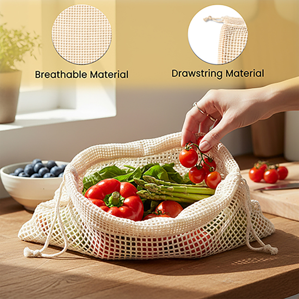 Wrapzy Reusable Cotton Mesh Produce Bags ? Large Drawstring Vegetable Storage Bags for Fridge & Grocery Shopping ? Eco Friendly Washable Fruit Bags, Breathable Kitchen Organizer (30 x 33 cm) | Pack of 6