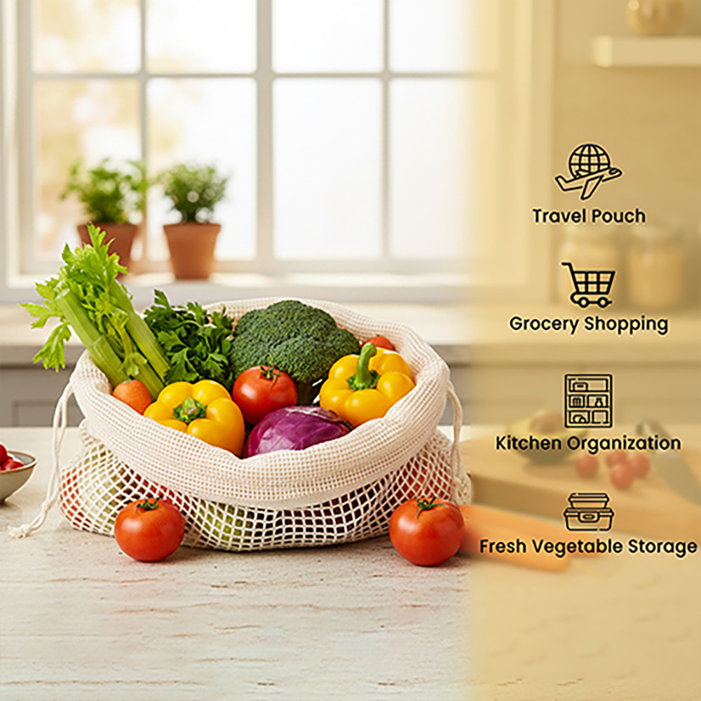Wrapzy Reusable Cotton Mesh Produce Bags ? Large Drawstring Vegetable Storage Bags for Fridge & Grocery Shopping ? Eco Friendly Washable Fruit Bags, Breathable Kitchen Organizer (30 x 33 cm) | Pack of 6