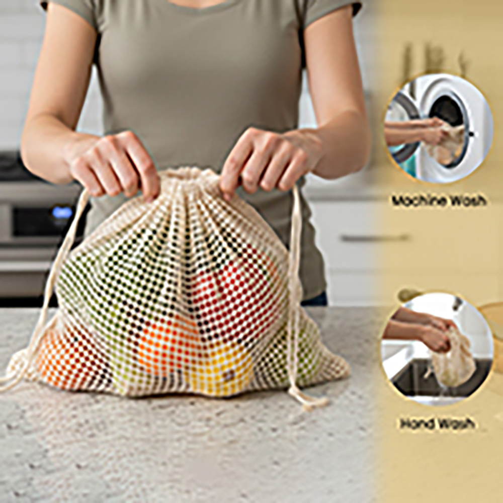 Wrapzy Reusable Cotton Mesh Produce Bags ? Large Drawstring Vegetable Storage Bags for Fridge & Grocery Shopping ? Eco Friendly Washable Fruit Bags, Breathable Kitchen Organizer (30 x 33 cm) | Pack of 6