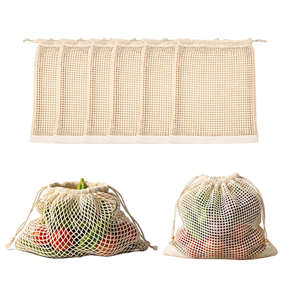 Wrapzy Reusable Cotton Mesh Produce Bags ? Large Drawstring Vegetable Storage Bags for Fridge & Grocery Shopping ? Eco Friendly Washable Fruit Bags, Breathable Kitchen Organizer (30 x 33 cm) | Pack of 6