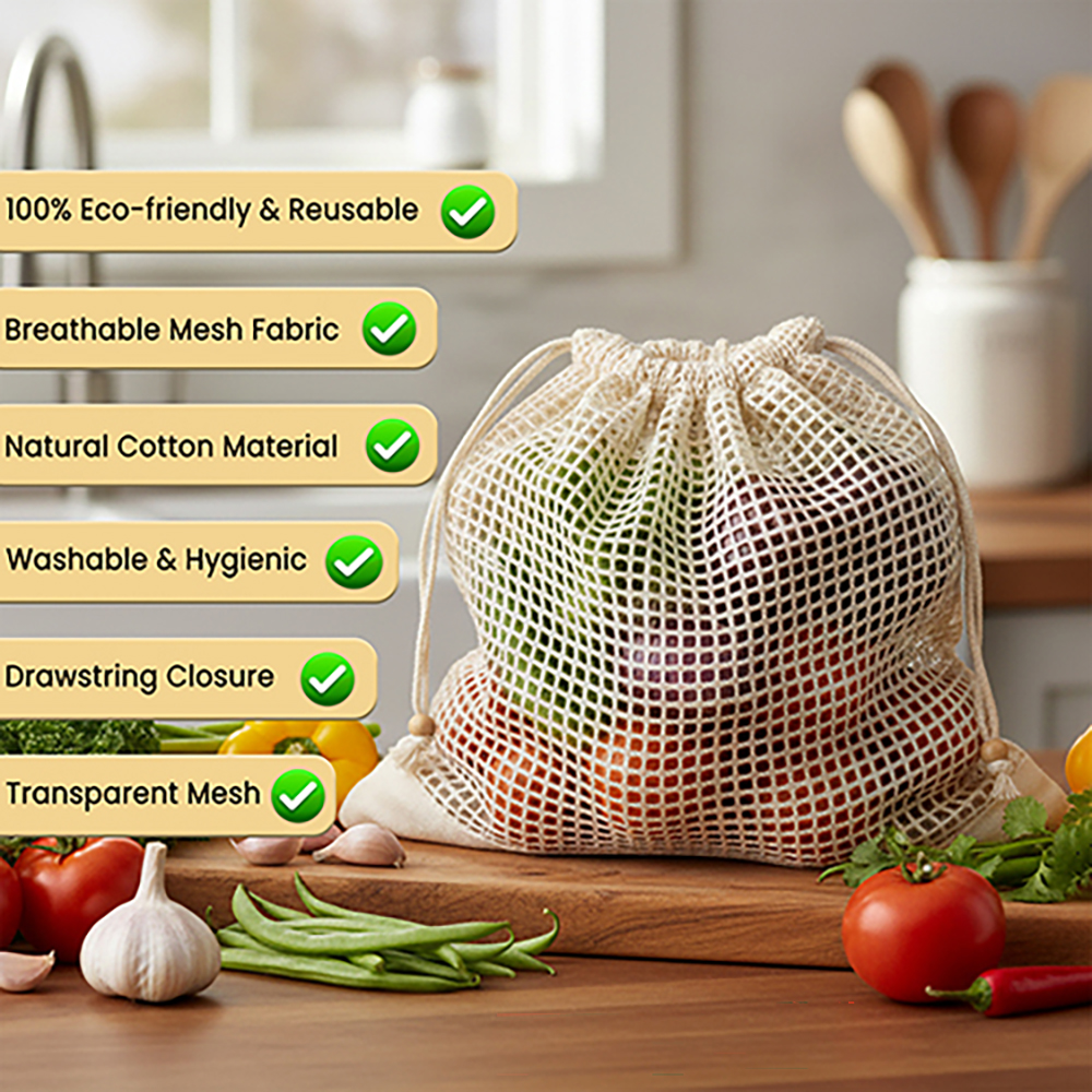 Wrapzy Reusable Cotton Mesh Produce Bags ? Large Drawstring Vegetable Storage Bags for Fridge & Grocery Shopping ? Eco Friendly Washable Fruit Bags, Breathable Kitchen Organizer (30 x 33 cm) | Pack of 6