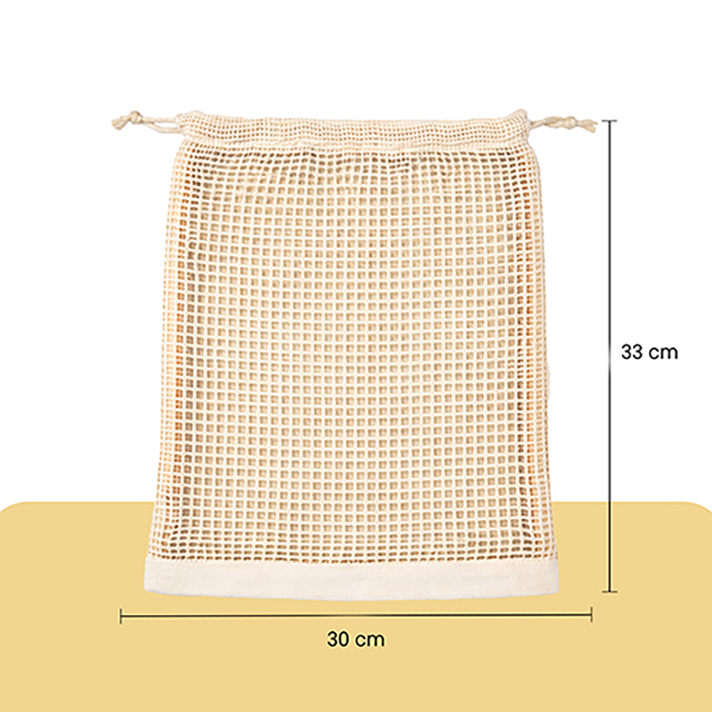 Wrapzy Reusable Cotton Mesh Produce Bags ? Large Drawstring Vegetable Storage Bags for Fridge & Grocery Shopping ? Eco Friendly Washable Fruit Bags, Breathable Kitchen Organizer (30 x 33 cm) | Pack of 6
