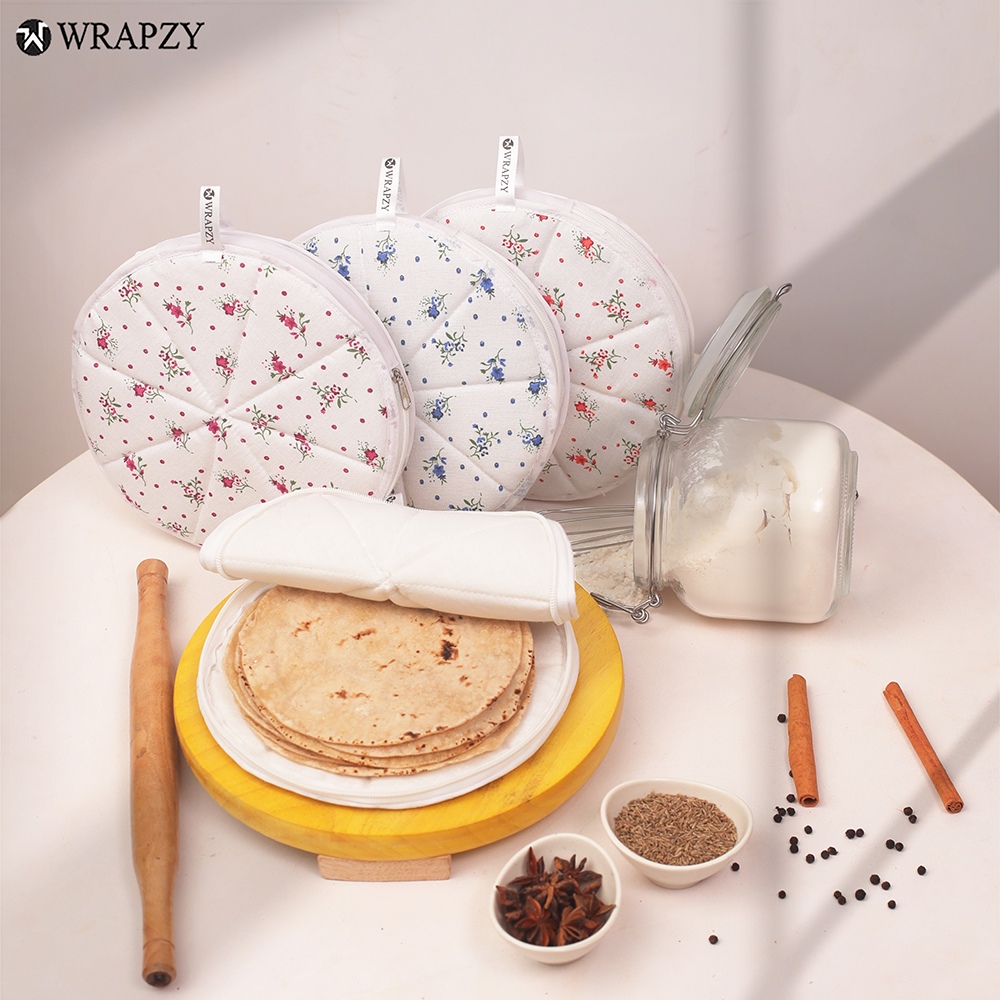 WRAPZY Cotton Roti Cover with Zip | Round Roti Cloth for Keeping Rotis Soft & Fresh | Used for Roti, Paratha, Puri, Naan & Bread | Washable & Reusable | 3 Colour Variants (BLUE, PACK OF:4)