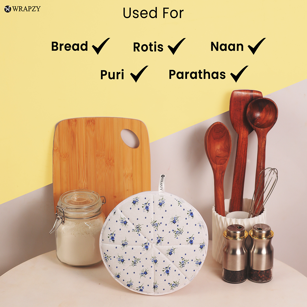WRAPZY Cotton Roti Cover with Zip | Round Roti Cloth for Keeping Rotis Soft & Fresh | Used for Roti, Paratha, Puri, Naan & Bread | Washable & Reusable | 3 Colour Variants (BLUE, PACK OF:4)